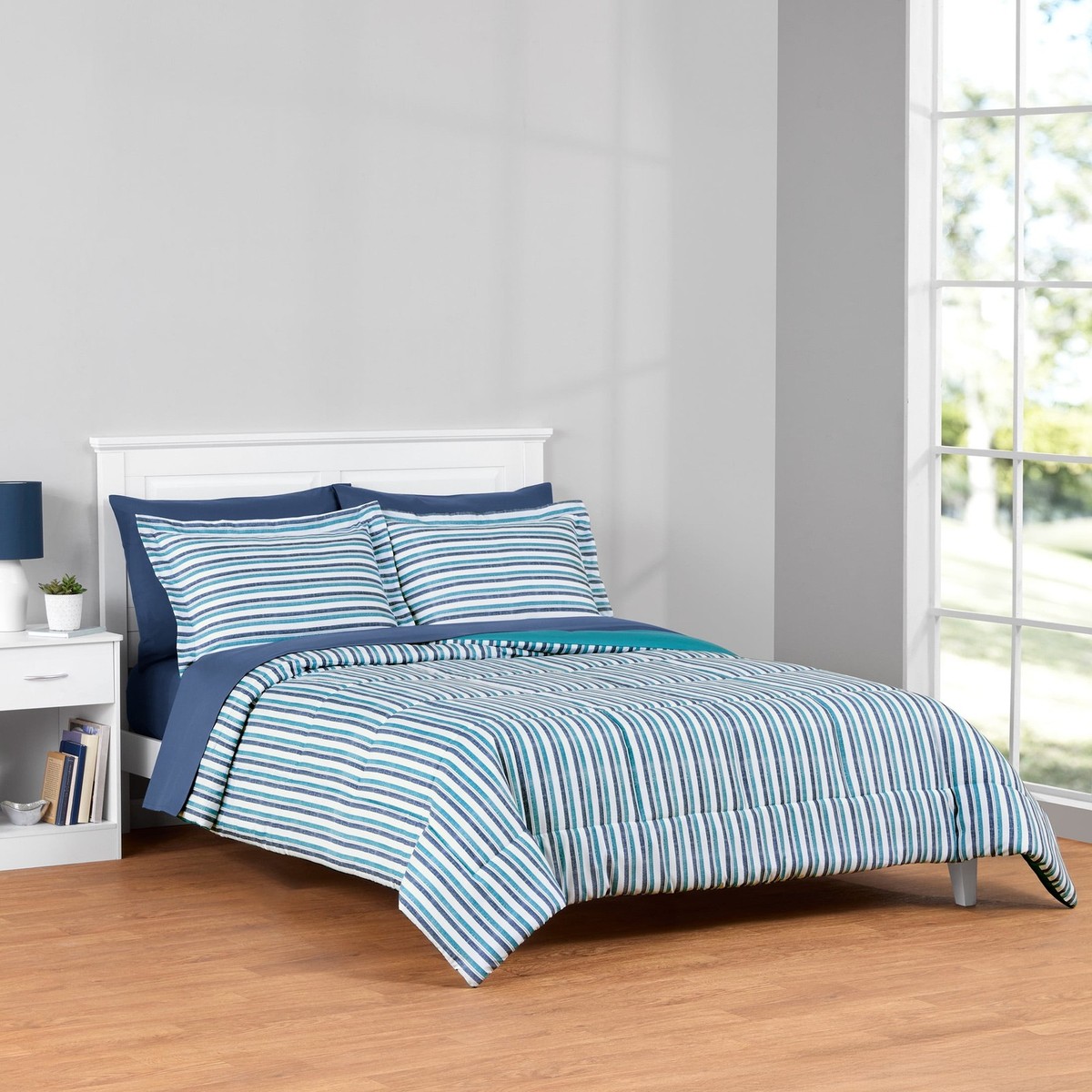 Mainstays 7 Piece Reversible Comforter and Sheet Set, Blue