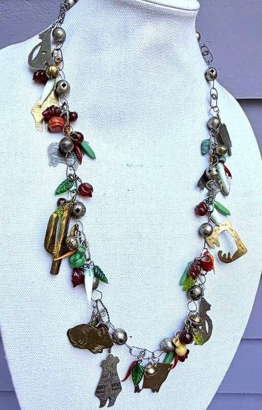 Beautiful Vintage Mexican Wedding Lasso Necklace -Glass, Silver, Brass & Ceramic