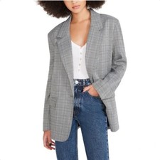 Steve Madden Oversized Grey Plaid Blazer Shoulder Pads Women's Size L 12 NWT