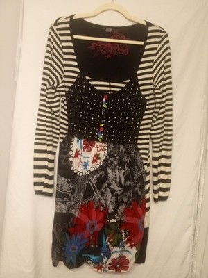 Desigual Designer Size L Dress Multicolor Abstract Art w Pockets Long Sleeve 
