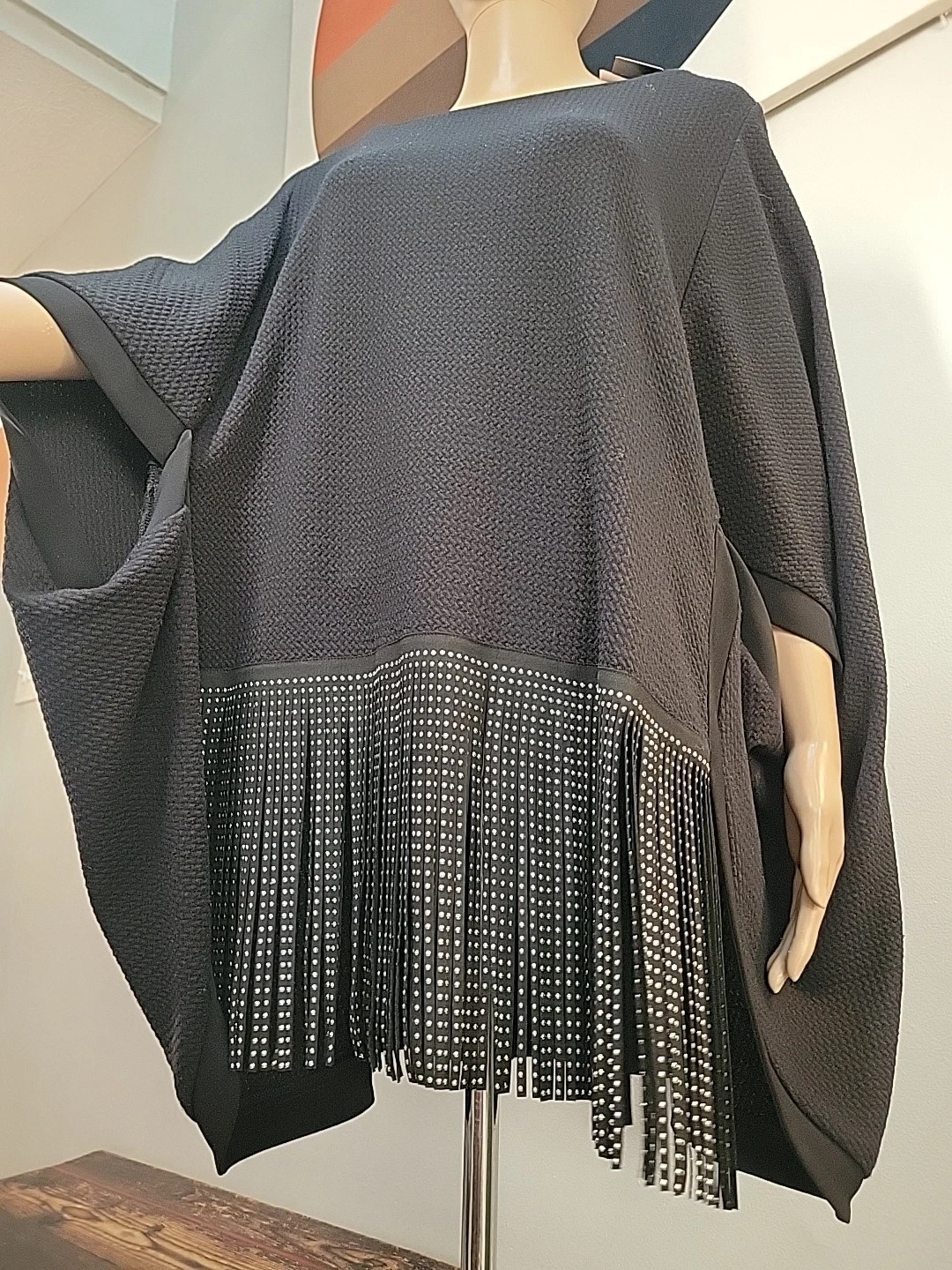 NWT Joseph Ribkoff Beaded Detail Poncho W/ Fringe Black Sz Small Womens Sweater