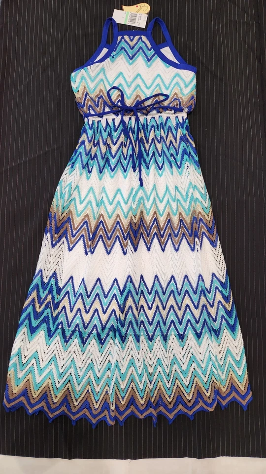 Maxi Vestido Forrado Sin Hablas Azul Chevron Rayas Crochet Encaje Superposición Talla 8 Foto 2 de 4