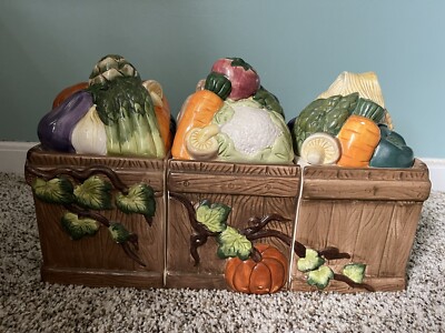 Vintage Collins 3 Piece Ceramic Canister Set With Vegetables