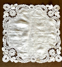 Antique White Handmade Linen  Lace Wedding Handkerchief