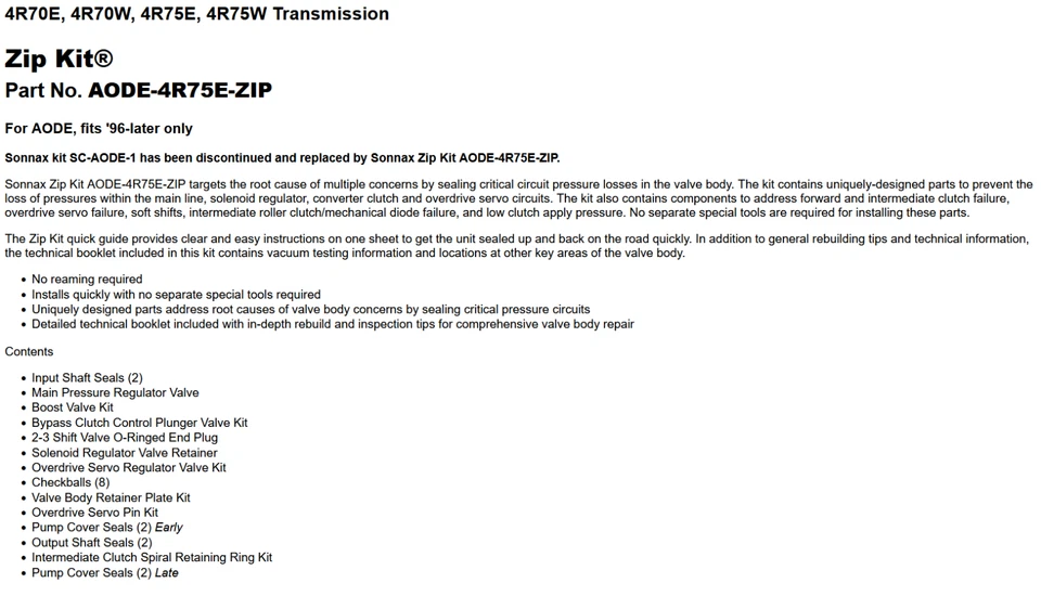 Sonnax AODE-4R75E-ZIP Transmisión Cremallera Kit 4R70W 4R75E 4R75W Transmisiones 96-18 Foto 3 de 3