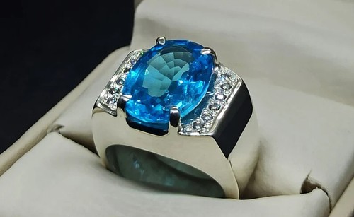 Sparkling Solitaire 11.88TCW Blue Topaz & White Sapphire With 935 Silver Ring - Picture 4 of 11