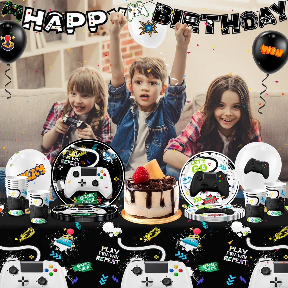 Globos vajilla cumpleaños jugador decoraciones fiesta videojuego blanco y negro Foto 4 de 4