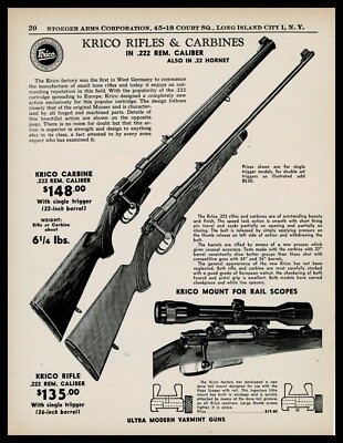 1958 KRICO .222 Rem or ,22 Hornet Rifle and Carbine PRINT AD orig price shown