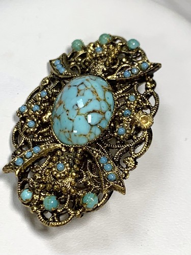 Vintage Turquoise Czech Glass Layered Filigree Brooch Pin Stunning! - Picture 2 of 17