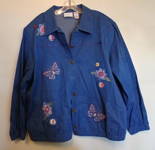 Alfred Dunner Ladies Plus Size 20 Denim Jacket Floral & Butterfly Embroidery