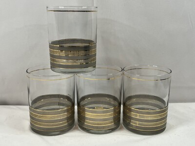 MCM Style Gold And Silver Bands Lowball Cocktail Glasses Bar Ware Set Of 4.