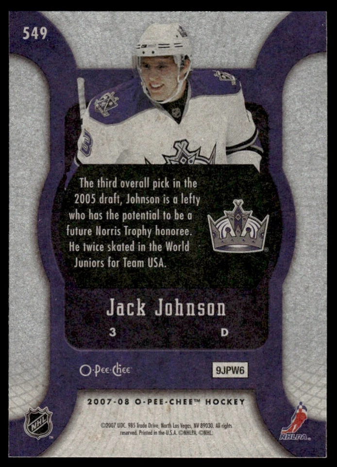 2007-08 O-Pee-Chee Jack Johnson Rookie Los Angeles Kings #549 - Image 2 of 2