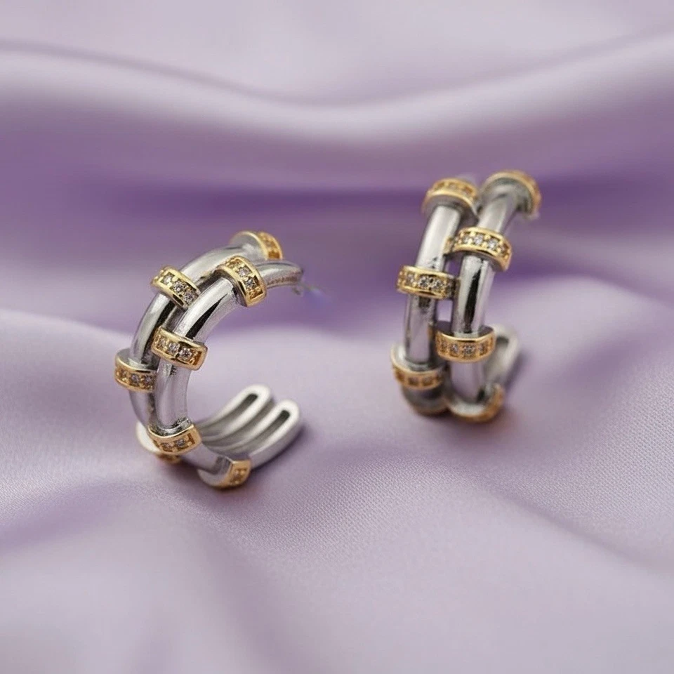 Pendientes de aro geométricos Anthropologie oro plata abierto cristal boho segmentado circonita cúbica Foto 4 de 4