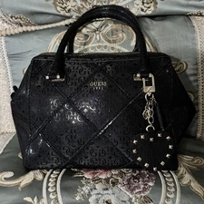 Guess LA 1981 PVC Vintage Satchel Bag w/Charm  Y2K 90's Handbag Purse Black