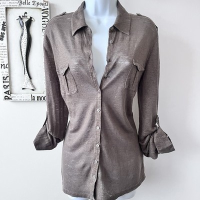 Gerard Darel 100% Linen Brown Button Down Minimalist Normcore Top Size L