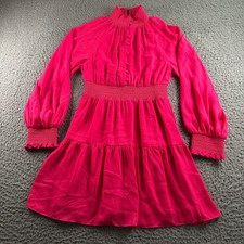 Alice + Olivia Lavinia Mini Dress Womens 0 Fuchsia Long Sleeve Smocked Tiered