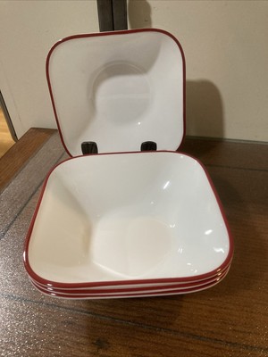 Corning CORELLE USA White Red Trim Hanami Garden Splendor Set of 4 Square Bowls