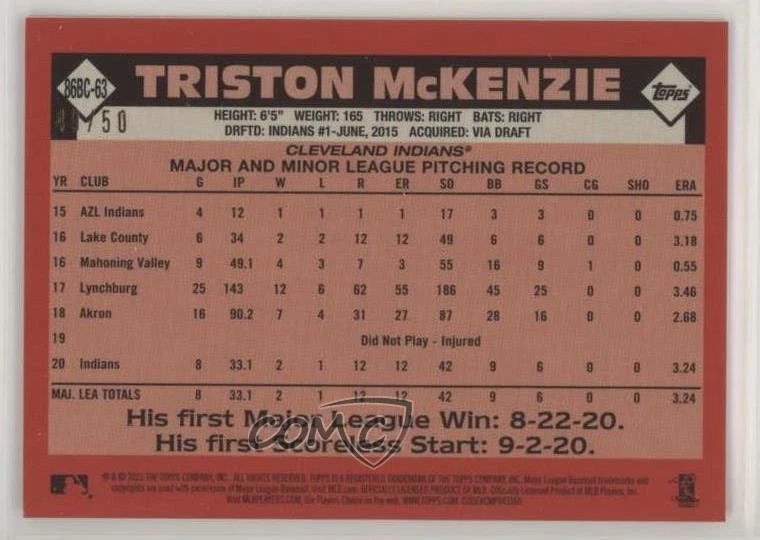2021 Topps Silver Pack 1986 Chrome Baseball Gold /50 Triston McKenzie Rookie RC - Image 2 of 2