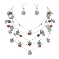 Handmade Multi-Layer Round Shell Wooden Beads Necklace with Earrings XL-1101-Lig