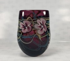 Vintage Rich Miller Art Glass Purple Violet Flowers Vase 1986 Thick & Robust 7”