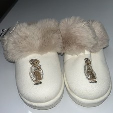 Polo Ralph Lauren Cream Women  s SZ 6B Bear Slip On Fur Slippers