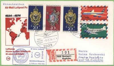 Germany 1974 Lufthansa Flight Cover - ILA 40 Years Stuttgart - Rio de Janeiro