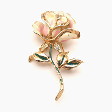 Vintage Gold Tone Pink  Green Enamel Rose Flower Brooch Pin Rhinestone
