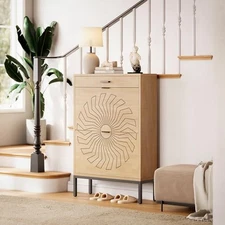 Shoe Cabinet with 2 Flip Drawers Freestanding Shoe Organizer with Drawer Carved