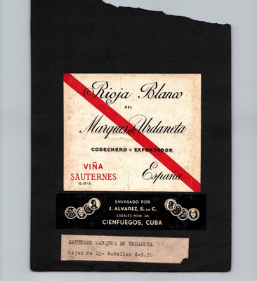 Unused 1930s RIOJA WHITE WINE PLAZA ALVAREZ SAN CARLOS Rum Label MA6