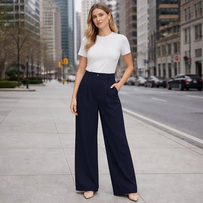 Halara Wide Leg Trousers Womens XL Petite Navy Blue Pleated Pull On Comfort Wear