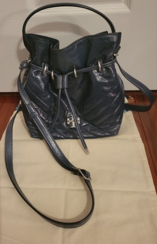 Tory Burch Kira Drawstring Bucket Bag Crossbody Distressed Federal Blue Dust Bag