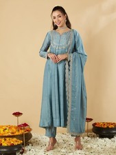 Women's Silk Embroidered Anarkali Ethnic Kurta and Pant Set with Dupatta