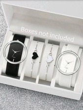 Women’s 4pcs Watch Set Hollow Out Dial Quartz Watch with Heart Bracelet Black...