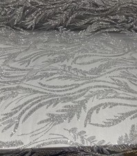 Silver Beaded Leaf Vine Lace Fabric Luxury Glitter Tulle Embroidery Couture