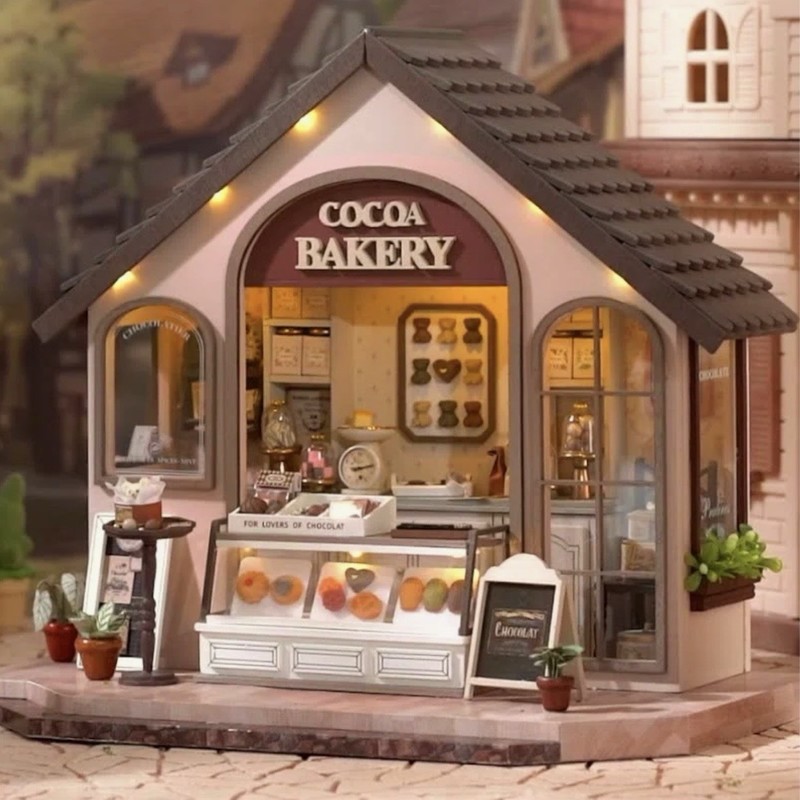 Cocoa Bakery Dollhouse Kit - Miniature DIY Kit with LED Light