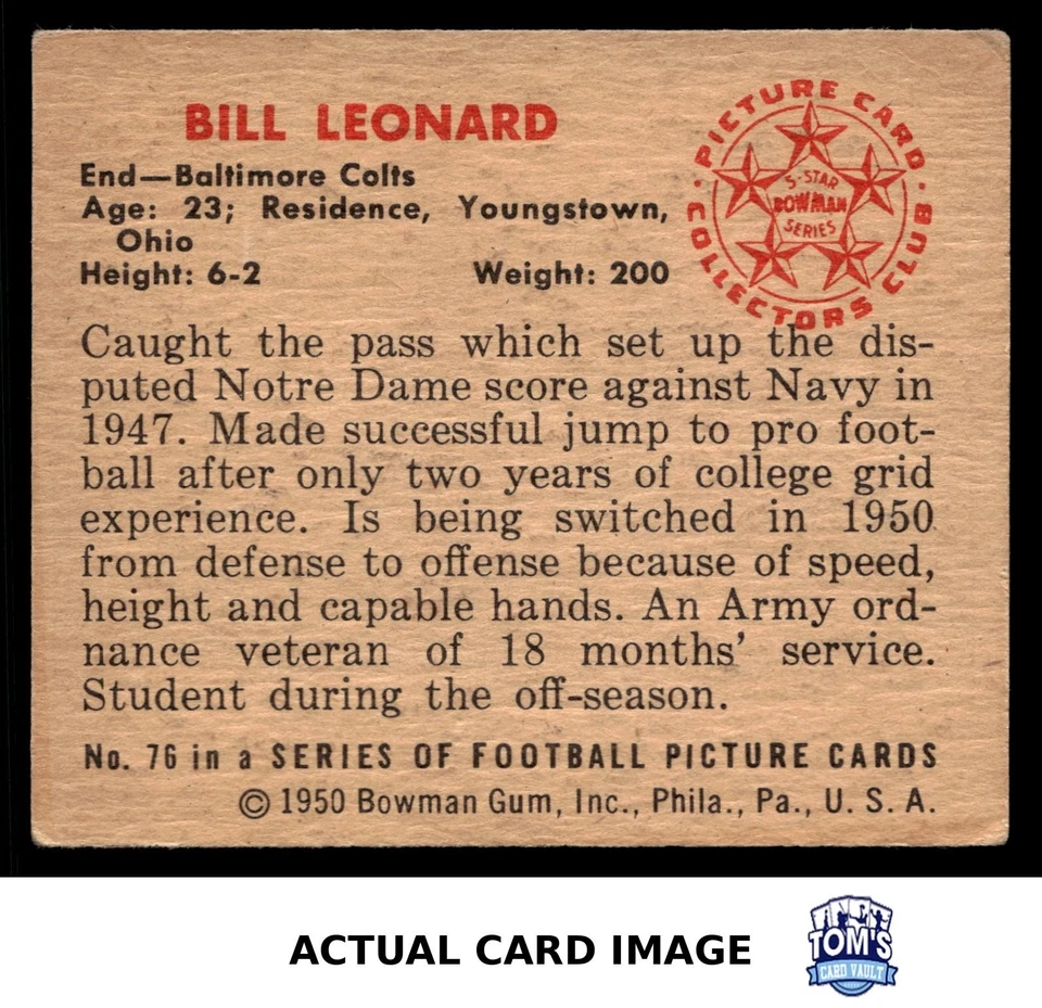 1950 Bowman #76 BILL LEONARD Baltimore Colts RC EX - Image 2 of 4