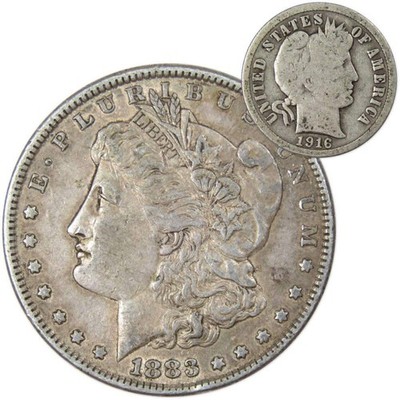 1883 Morgan Dollar XF EF Extremely Fine 90% Silver with 1916 Barber Dime G Good