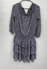 Michael Kors Blue Cloud Floral Smock Off Shoulder Tier Shift Dress Size L