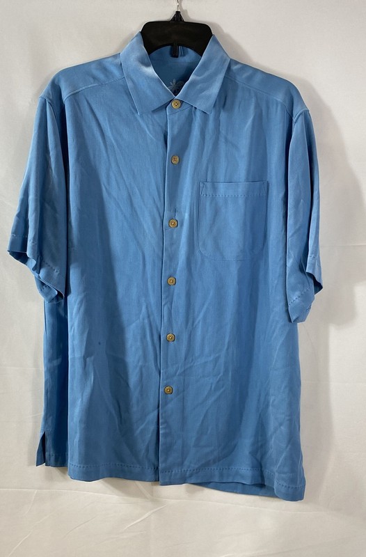 Tommy Bahama Men's Blue Silk Herringbone Short Sleeve Button Up Shirt Sz S