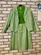 VTG T. Jones 1960s 2pc Skirt Suit Green Gold Brocade Mod Jackie O Set Sz S/M