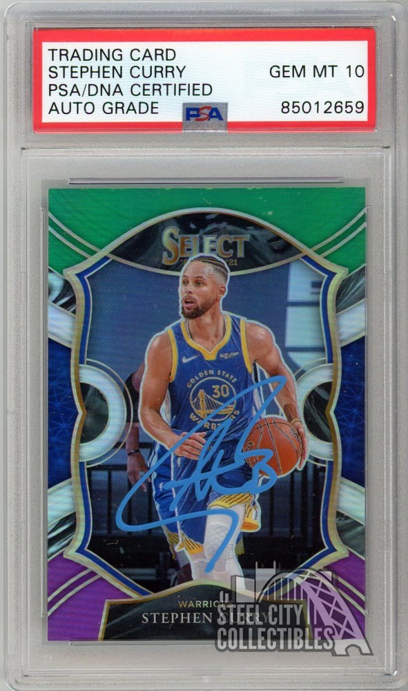 Stephen Curry 2020-21 Select Green White Purple Auto #57 PSA/DNA 10 (Light Blue)