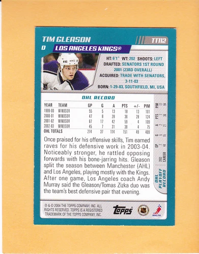 TIM GLEASON #TT112 2003 04 TOPPS TRADED ROOKIE BLUE SP 500 LOS ANGELES KINGS - Picture 2 of 2