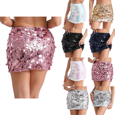 Women Girls Miniskirt Sequins Skirts Shiny Clubwear Elastic Waist