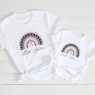Kinder Mädchen Liebe große kleine Schwester T-Shirt süß Regenbogen Herz passend UK Tee Top