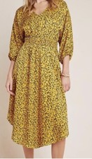 ANTHROPOLOGIE Printed Smocked Marigold Midi Dress size M Yellow Dolman Sleeve
