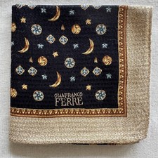 VTG Handkerchief Black Fabric Woven Moon Gold Diamond Ornament Scarf Hanky 18"