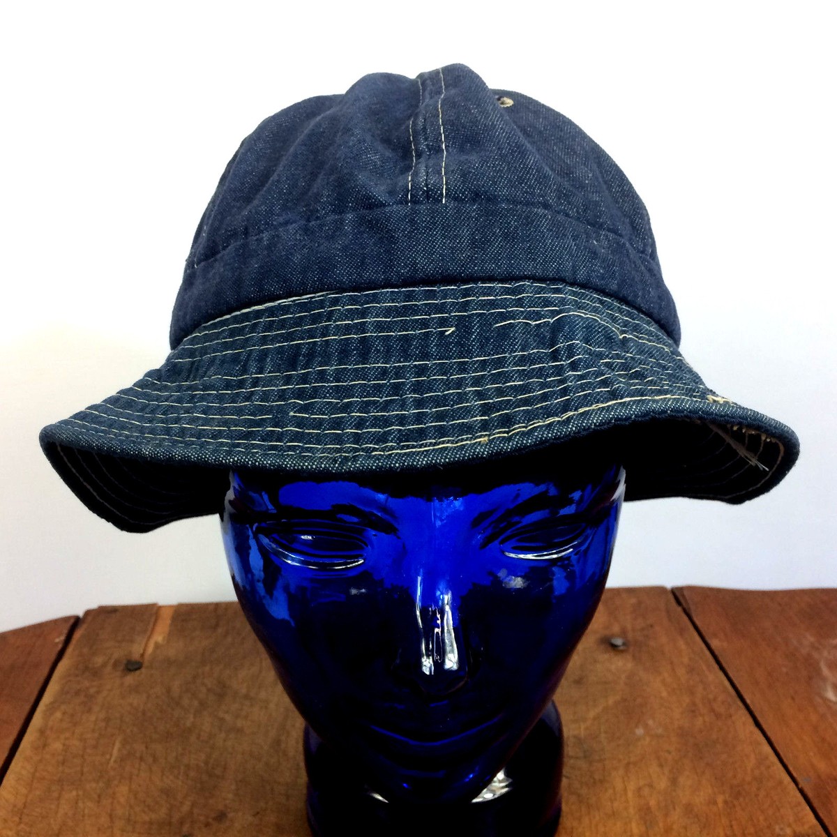 Vintage Distressed 40s 50s Navy Denim Jean Boonie Bucket Cap Hat