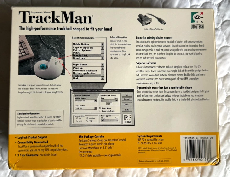 NOS Logitech Trackman Trackball Corded Marble Mouse Right Hand - NEW - Image 2 of 4