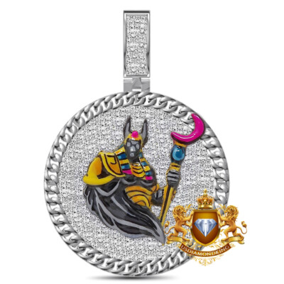 Real 2.75 Ct. MOISSANITE Hand Painting Egyptian God Anubis Pharaoh Charm Pendant