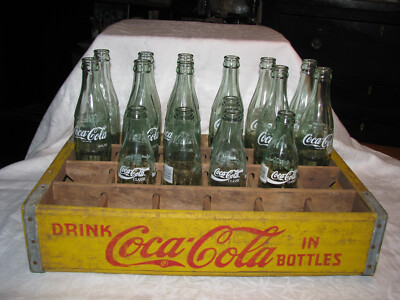 Antique Coca-Cola Yellow Wood Bottle Crate & 16 Coca-Cola Bottles